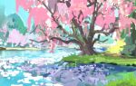  blurry cherry_blossoms day grass highres no_humans original painting_(medium) park pond sanegesan scenery shadow sunlight traditional_media tree tree_shade water 