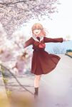  1girl :d absurdres aqua_eyes artist_name blurry blurry_foreground blush brown_dress cherry_blossoms commentary_request crossed_bangs dress full_body gim_(gim-gim-3919) hair_ornament hasu_no_sora_school_uniform highres hinoshita_kaho link!_like!_love_live! long_sleeves looking_ahead love_live! medium_dress medium_hair neckerchief open_mouth orange_hair outstretched_arms photo_background pleated_dress rabbit_hair_ornament red_neckerchief road sailor_collar sailor_dress school_uniform sky sleeve_cuffs smile solo spread_arms teeth tree twitter_username two_side_up upper_teeth_only virtual_youtuber walking white_sailor_collar white_sky winter_uniform 