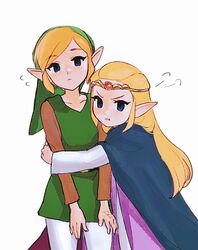  1boy 1girl 756zl belt blonde_hair blue_cloak blue_eyes brown_sleeves cloak collarbone commentary_request cowboy_shot dress flying_sweatdrops green_hat green_tunic hat hetero highres hug link long_hair looking_at_viewer pants pointy_ears pout princess_zelda puff_of_air purple_dress short_hair sidelocks simple_background standing the_legend_of_zelda the_legend_of_zelda:_echoes_of_wisdom tiara triforce two-tone_dress v-shaped_eyebrows white_background white_dress white_pants 