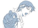  1boy bandana blue_theme character_request copyright_request gloves headband highres looking_at_viewer male_focus monochrome open_mouth pointing pointing_at_viewer shirt simple_background solo umanosuke upper_body white_background 