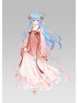  1girl bad_source blue_eyes blue_hair blush chinese_clothes chinese_text cone_hair_bun dress earrings english_text flower full_body grey_background hair_bun hair_flower hair_ornament hanfu highres jewelry long_hair long_sleeves looking_at_viewer open_mouth pink_footwear qixiong_ruqun ruqun sanshui_jiji see-through simple_background solo very_long_hair 