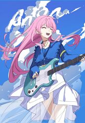  1girl ^_^ bang_dream! bang_dream!_it&#039;s_mygo!!!!! black_choker blue_jacket cathore_(ningkaize) character_name chihaya_anon choker closed_eyes clouds commentary cropped_jacket cumulonimbus_cloud earrings electric_guitar guitar hashtag-only_commentary highres holding holding_plectrum instrument jacket jewelry long_hair long_sleeves midriff_peek necklace open_mouth pink_hair playing_guitar plectrum see-through see-through_skirt skirt solo teeth upper_teeth_only white_skirt 