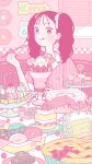  1girl absurdres artist_name banana_split cake candle cupcake doughnut earrings english_text food fruit hair_ribbon heart heart_earrings highres holding holding_spoon indoors jewelry macaron original pie pink_nails pink_shirt pink_theme record ribbon shirt sign solo spoon strawberry strawberry_shortcake striped_clothes striped_shirt twintails upper_body white_ribbon window yoshimon 