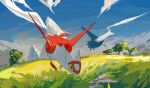  apios blue_sky claws closed_mouth clouds commentary day dragon english_text expressionless field flying full_body grass highres latias latios looking_afar looking_at_another mountainous_horizon outdoors pokemon pokemon_(creature) red_eyes sky tree yellow_eyes 