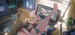  1girl black_skirt blonde_hair cellphone collarbone commission crop_top cup feet hair_between_eyes highres holding holding_cup keyboard_(computer) legs long_hair original phone scenery shorts sitting skirt smartphone solo twintails violet_eyes wiersa 