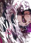 1boy a00xm charlotte_katakuri close-up commentary covered_mouth fur_scarf highres looking_at_viewer male_focus one_piece purple_hair short_hair simple_background smoke solo stitched_face stitches v-shaped_eyebrows violet_eyes 