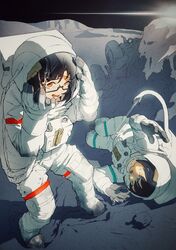  2girls absurdres astronaut black_hair black_sky boulder commentary_request crack cracked_glass cracked_helmet full_body glasses helmet highres horizon leaking looking_at_viewer lying match_(idleslumber) medium_hair motor_vehicle multiple_girls on_moon on_side open_mouth orange_eyes original panicking rock sky small_sweatdrop space space_helmet spacesuit standing sun wheel wreckage 