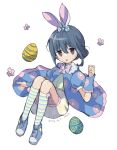  1girl animal_ears blue_hair cape easter easter_egg egg fake_animal_ears flower hair_bun happy_easter highres long_hair looking_at_viewer mint_(mintlemonade3) open_mouth rabbit_ears shima_rin shoes shorts socks solo violet_eyes white_background yurucamp 