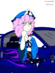  1girl artist_name blue_hat car dated ghost_girl hand_up hat highres motor_vehicle nissan nissan_350z nissan_fairlady_z non-web_source purple_hair saigyouji_yuyuko solo touhou white_background 