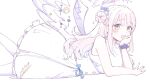  1girl angel_wings blue_archive blush breasts dress feathered_wings feet_out_of_frame flower hair_bun hair_flower hair_ornament halo hand_on_own_face highres iyowa_(igusuri_please) long_hair looking_at_viewer lying mika_(blue_archive) pink_hair pink_halo scrunchie single_side_bun smile solo white_dress white_wings wings yellow_eyes 