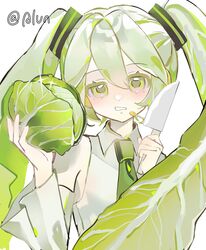  1girl absurdres alternate_color alternate_eye_color alternate_hair_color borrowed_design cabbage chinese_commentary commentary_request crying food food-themed_hair green_eyes green_hair hatsune_miku highres holding holding_food holding_knife knife leaf long_hair looking_at_viewer necktie plant_hair quanyilun shirt signature sleeveless sleeveless_shirt solo twintails variant_set vocaloid white_background 