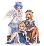  3girls :o absurdres aged_down alice_margatroid angel_wings black_capelet black_corset black_footwear black_gloves black_hat black_skirt blonde_hair blue_bow blue_bowtie blue_eyes blue_footwear blue_hair blue_hairband blue_pantyhose blue_skirt book bookshelf boots bow bowtie breasts brown_pantyhose capelet closed_mouth corset dress elbow_gloves feathered_wings fedora flat_chest frilled_capelet frilled_corset frilled_dress frilled_skirt frills full_body gloves grimoire_of_alice hair_bow hairband hand_on_another&#039;s_head happy hat hat_bow highres mai_(senran_kagura) mary_janes mechrailgun medium_hair multiple_girls neck_ribbon neckerchief pantyhose parted_lips puffy_short_sleeves puffy_sleeves red_neckerchief ribbon shirt shoes short_sleeves simple_background sitting skirt small_breasts smile suspender_skirt suspenders thigh-highs touhou touhou_(pc-98) white_background white_bow white_dress white_gloves white_shirt white_thighhighs white_wings wings yellow_eyes yellow_ribbon 