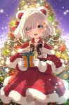  1girl :d animal_ears anya_kumori black_bow blush bow box christmas christmas_tree dress fake_animal_ears fur-trimmed_dress fur_trim gift gift_box gloves grey_eyes grey_hair hair_bow hair_ornament holding holding_gift holly indie_virtual_youtuber looking_at_viewer mamyouda night night_sky open_mouth outdoors red_bow red_dress sky smile solo standing star_(symbol) virtual_youtuber white_gloves 