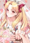  1girl absurdres blonde_hair blush bouquet bow bridal_veil bride dress earrings ereshkigal_(fate) fate/grand_order fate_(series) flower hair_bow hair_ribbon highres holding holding_bouquet hoop_earrings infinity_symbol jewelry long_hair looking_at_viewer parted_bangs red_eyes red_ribbon ribbon ring rose strapless strapless_dress tiara two_side_up user_cdug5424 veil wedding wedding_dress wedding_ring white_dress white_flower white_rose 