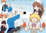  &gt;_&lt; 2girls 3boys :d arrow_(projectile) black_hair black_jacket blonde_hair bow brown_hair clenched_hands commentary_request grey_eyes grey_hair hair_ornament hair_ribbon headband holding holding_paddle inohara_masato jacket kamikita_komari light_blue_background little_busters! little_busters!_school_uniform long_hair long_ribbon looking_at_viewer mittens miyazawa_kengo multiple_boys multiple_girls natsume_kyousuke natsume_rin open_mouth paddle pink_bow piyo_(kinkooo333) polka_dot polka_dot_background ponytail red_eyes red_headband red_mittens red_ribbon ribbon school_uniform short_hair shouting shy simple_background smile sparkle speech_bubble spiky_hair star_(symbol) star_hair_ornament sweatdrop sweater table_tennis_paddle translation_request two_side_up upper_body yellow_sweater 