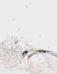  1boy falling_petals fate/grand_order fate_(series) from_side fuwafuwa_no_inu highres looking_up lying male_focus merlin_(fate) on_back parted_lips petals robe simple_background solo upper_body white_background 