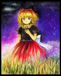  1girl back_bow black_border black_shirt blonde_hair blue_eyes border bow closed_mouth flower hair_ribbon hand_up lily_of_the_valley looking_at_viewer medicine_melancholy medinki puffy_short_sleeves puffy_sleeves red_ribbon red_skirt ribbon shirt short_hair short_sleeves skirt solo star_(sky) touhou white_bow 