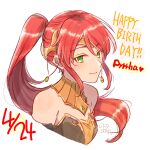  1girl bare_shoulders character_name circlet dated diadem earrings forehead_protector green_eyes happy_birthday heart jewelry long_hair ponytail pyrrha_nikos redhead rwby simple_background smile solo sora_(efr) white_background 