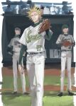  3boys absurdres backwards_hat baseball_cap baseball_mitt baseball_stadium baseball_uniform blonde_hair border closed_mouth day faceless faceless_male feet_out_of_frame green_undershirt grey_eyes hand_up hat highres ikuhana_niiro layered_sleeves long_sleeves looking_at_viewer male_focus multiple_boys narrowed_eyes one_outs outdoors pants shirt short_over_long_sleeves short_sleeves solo_focus spiky_hair sportswear standing tokuchi_toua white_border white_pants white_shirt 