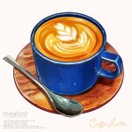  cappuccino coffee coffee_mug cup drink food food_focus food_name haruna_macpro highres latte_art mug no_humans original saucer spoon white_background 