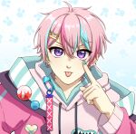  1boy :p ahoge blue_hair blue_nails commentary drawstring ear_piercing english_commentary furuyawn hair_ornament hairclip heart_pin highres hood hood_down hoodie jacket long_sleeves looking_at_viewer male_focus medium_hair messy_hair nexas_(vtuber) piercing pin pink_hair pink_hoodie pink_jacket pyon_phelix safety_pin solo tongue tongue_out violet_eyes virtual_youtuber 