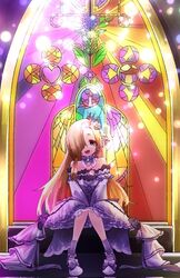  1girl asagi666c bare_shoulders blonde_hair brown_eyes crown dress flower frilled_dress frills hair_flower hair_ornament hair_over_one_eye high_heels highres idolmaster idolmaster_cinderella_girls long_hair looking_at_viewer open_mouth shirasaka_koume sitting smile solo stained_glass 