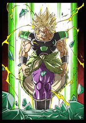  1boy armor aura black_armor boots broly_(dragon_ball_super) colored_sclera debris dragon_ball dragon_ball_super dragon_ball_super_broly electricity feet_out_of_frame highres kakeru_(dbskakeru) male_focus muscular muscular_male pants purple_pants red_eyes red_sclera saiyan_armor solo super_saiyan super_saiyan_1 veins yellow_eyes 