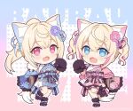  2girls :d ahoge animal_ear_fluff animal_ears animal_hands belt black_eyes blonde_hair blue_belt blue_hair blue_kimono chibi colored_inner_animal_ears commentary crossed_bangs dog_ears dog_girl dog_tail fang flower fuwamoco fuwawa_abyssgard fuwawa_abyssgard_(new_year) gloves hair_between_eyes hair_flower hair_ornament hololive hololive_english japanese_clothes kimono looking_at_viewer misakiotukimi mococo_abyssgard mococo_abyssgard_(new_year) multicolored_hair multiple_girls official_alternate_costume official_alternate_hairstyle open_mouth outline paw_gloves paw_shoes pink_belt pink_eyes pink_hair pink_kimono siblings skin_fang smile streaked_hair tail twins twintails two-tone_hair virtual_youtuber white_outline wide_sleeves 