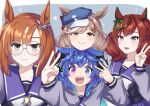  4girls :d @_@ absurdres ahoge animal_ears aqua_hair arms_on_another&#039;s_shoulder blue_eyes blue_hair blunt_ends blush bob_cut bow bowtie brown_eyes cabbie_hat closed_mouth crossed_bangs ear_covers ear_ornament ears_through_headwear glasses grey-framed_eyewear grey_background grey_eyes hair_bow hair_ornament hairclip hand_up hat head_rest heterochromia highres horse_ears horse_girl hug hug_from_behind ikuno_dictus_(umamusume) ka_(ka_p019) light_brown_hair long_hair long_sleeves looking_at_viewer matikane_tannhauser_(umamusume) multicolored_hair multiple_girls nice_nature_(umamusume) open_mouth orange_hair purple_sailor_collar purple_shirt redhead round_eyewear sailor_collar school_uniform sharp_teeth shirt sidelocks smile striped_bow teeth tracen_school_uniform twin_turbo_(umamusume) twintails two-tone_hair umamusume upper_body v v-shaped_eyebrows violet_eyes white_bow white_bowtie yellow_eyes 