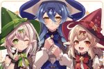  3girls :d black_dress blonde_hair blue_dress blue_hair blush bow clenched_hands commentary_request cosplay dress frown genshin_impact gradient_hair green_eyes green_hair hair_between_eyes hair_bow hand_on_own_face hat highres klee_(blossoming_starlight)_(genshin_impact) klee_(genshin_impact) klee_(genshin_impact)_(cosplay) layla_(genshin_impact) long_hair multicolored_hair multiple_girls nahida_(genshin_impact) one_eye_closed open_mouth pointy_ears red_eyes reia_hana sleeveless sleeveless_dress smile sparkle star-shaped_pupils star_(symbol) symbol-shaped_pupils teeth twisted_hair two-tone_hair upper_body upper_teeth_only vision_(genshin_impact) witch_hat wrist_cuffs yellow_eyes 