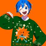  1boy absurdres blue_eyes blue_hair blush chikuwa christmas collared_shirt commentary_request food green_sweater hair_between_eyes highres kaito_(vocaloid) male_focus one_eye_closed open_mouth pointing pointing_at_self red_background shio_ice shirt short_hair simple_background smile snowflake_print sun sweater ugly_sweater upper_body vocaloid white_shirt 
