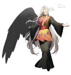  1boy black_dress black_wings chinese_clothes commentary_request cosplay dress final_fantasy final_fantasy_vii grey_hair hattouissenbaka highres junko_(touhou) junko_(touhou)_(cosplay) long_bangs long_hair long_sleeves looking_at_viewer male_focus parted_bangs phoenix_print red_tabard sephiroth single_wing smile standing tabard touhou very_long_hair white_background wide_sleeves wings 