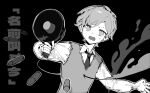  1boy black_background bullet cable collared_shirt commentary_request danganronpa_(series) danganronpa_another dated_commentary furrowed_brow greyscale highres holding holding_megaphone impaled long_sleeves looking_at_viewer maeda_yuki male_focus megaphone monochrome necktie open_mouth outline outstretched_arm palms shirt short_hair simple_background solo spoilers sweatdrop sweater_vest translation_request upper_body uyu_(pixiv_92484260) v-neck white_outline 