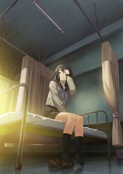  1girl bandaged_chest bandaged_head bandaged_neck bandages bed black_hair black_socks ceiling ceiling_light curtains from_below fumikazu grey_eyes grey_serafuku hand_on_own_head highres infirmary juusan_kihei_bouei_ken legs long_sleeves looking_to_the_side neckerchief no_shoes on_bed one_eye_closed purple_neckerchief school_uniform serafuku shinonome_ryouko_(juusan_kihei_bouei_ken) shoes sitting socks solo 