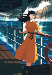  1girl bird black_hair black_sash blue_eyes clouds cloudy_sky dress highres hill lifebuoy long_dress long_hair looking_afar ocean open_mouth original sash seagull ship ship_deck sky solo standing suisui_suiro sunlight swim_ring watercraft whale yellow_dress 