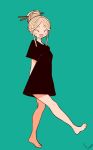  1girl akisas99 arm_behind_back black_shirt blonde_hair blush closed_eyes dress_shirt full_body hair_bun highres long_shirt open_mouth original shirt smile solo thick_eyebrows walking 