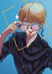  1boy adjusting_eyewear aqua-tinted_eyewear black-framed_eyewear black_shirt blue_background blue_eyes buttons collared_shirt commentary_request crooked_eyewear gradient-tinted_eyewear gradient_background highres looking_at_viewer looking_over_eyewear male_focus open_collar open_mouth orange_hair original pink-tinted_eyewear shirt short_hair short_sleeves solo sunglasses tebasaki_hina teeth tinted_eyewear tongue tongue_out tsurime upper_body upper_teeth_only viewfinder 