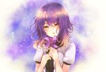  1girl alternate_costume closed_mouth gina_(gnosia) gnosia hair_between_eyes heterochromia long_sleeves looking_at_viewer medium_hair purple_hair rocomani simple_background smile solo upper_body wavy_hair 