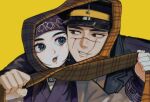  1boy 1girl ainu ainu_clothes asirpa black_hair blue_eyes brown_eyes cheek-to-cheek commentary golden_kamuy grin hat headband heads_together japanese_clothes kimono korean_commentary long_hair looking_at_another military_hat military_uniform open_mouth purple_headband purple_kimono scar scar_on_face scarf shared_clothes shared_scarf short_hair smile spiky_hair sugimoto_saichi uniform upper_body yellow_background yellow_scarf yongsa_(y0ngs4) 
