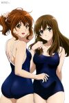  2girls :d absurdres ass back bare_legs bare_shoulders blue_eyes blue_one-piece_swimsuit blush breasts brown_hair closed_mouth collarbone eyelashes fluffy_hair from_behind hair_between_eyes hair_tie hibike!_euphonium highres kadowaki_miku kuroe_mayu large_breasts long_hair looking_at_viewer looking_back medium_breasts medium_hair megami_magazine multiple_girls non-web_source official_art one-piece_swimsuit open_mouth orange_eyes oumae_kumiko ponytail school_swimsuit simple_background smile spaghetti_strap swimsuit white_background 