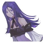  1girl bare_shoulders black_choker choker collarbone commentary detached_sleeves drag-on_dragoon drag-on_dragoon_3 dress facial_mark forehead_mark hair_between_eyes hair_ornament hairclip letterboxed long_hair long_hair_between_eyes long_sleeves looking_at_viewer miichinori parted_lips purple_hair ribbon_choker roman_numeral sidelocks simple_background solo strapless strapless_dress three_(drag-on_dragoon) upper_body violet_eyes white_background 