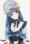  1girl absurdres adapted_costume blue_hair blunt_bangs bonnet collar corset crystal elbow_gloves expressionless food frilled_collar frills fruit gloves head_tilt highres hinanawi_tenshi kz_m_i long_hair looking_to_the_side painting_(medium) peach red_eyes short_sleeves solo touhou traditional_media watercolor_(medium) 