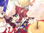  1girl 2others :d apple arknights boots brown_hair chibi flag food fruit golden_apple green_eyes grey_thighhighs hat highres holding holding_flag jacket long_hair multiple_others myrtle_(arknights) myrtle_(light_gold_celebration)_(arknights) parted_bangs pointy_ears saipaco shako_cap skirt smile solo_focus thigh-highs thighhighs_under_boots very_long_hair white_flag white_footwear white_hat white_jacket white_skirt 