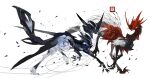  animal animal_feet animal_focus animal_hands armor black_armor black_feathers black_tail claws creature dinosaur feathers full_body highres kamikiririp monster no_humans original red_feathers reference_sheet running standing tail whiskers white_background white_fur 