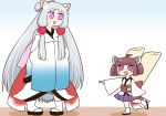  2girls :3 ahoge animal_ears blunt_bangs blush blush_stickers breasts brown_hair commentary_request curtained_hair fox_ears full_body furisode gradient_kimono grey_hair hands_in_opposite_sleeves headgear height_difference highres japanese_clothes kimono kiritanpo_(food) large_breasts long_hair looking_at_another looking_at_viewer multiple_girls no_pupils obi obiage obijime okobo open_mouth oversized_food oversized_object own_hands_together pigeon-toed pleated_skirt purple_skirt rantana_(lalalalackluster) sandals sash short_hair short_kimono short_twintails siblings sidelocks simple_background sisters skirt standing standing_on_one_leg touhoku_itako touhoku_kiritan twintails v-shaped_eyebrows very_long_hair violet_eyes voiceroid white_background white_kimono zouri 