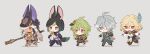  1girl 4boys :&lt; alhaitham_(genshin_impact) animal_ear_fluff animal_ears animal_hat black_hair black_hat blonde_hair capelet chibi closed_mouth collei_(genshin_impact) cyno_(genshin_impact) dark-skinned_male dark_skin detached_sleeves earrings feather_hair_ornament feathers flower fox_boy fox_ears fox_tail genshin_impact green_hair grey_background grey_hair hair_between_eyes hair_ornament hair_over_one_eye hat highres holding holding_weapon jewelry kaveh_(genshin_impact) long_sleeves multicolored_hair multiple_boys open_mouth pants pink_eyes red_eyes simple_background single_earring soto staff_of_the_scarlet_sands_(genshin_impact) sweat tail tighnari_(genshin_impact) weapon white_hair yellow_flower 