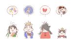  1girl 3boys animal black_fur black_hair blonde_hair blue_jacket broken_heart brown_gloves cait_sith_(ff7) cape cat chibi cid_highwind cloak closed_eyes crossed_arms crown facial_hair fangs fangs_out final_fantasy final_fantasy_vii final_fantasy_vii_rebirth final_fantasy_vii_remake fingerless_gloves flower gloves goggles goggles_on_head green_shirt hair_over_one_eye hand_on_own_chin headband heart image_in_thought_bubble jacket long_hair materia mini_crown multiple_boys open_mouth orange_gloves parted_lips peonrin red_cape red_cloak red_eyes red_headband reeve_tuesti rocket shirt short_hair smile sparkle stubble swept_bangs two-tone_fur upper_body vincent_valentine white_background white_flower white_fur yuffie_kisaragi 