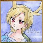  1girl 2zuz4hru antlers blonde_hair blue_background blue_ribbon blue_shirt closed_mouth collarbone commentary_request dragon_girl dragon_horns dragon_tail happy horns kicchou_yachie painting_(medium) red_eyes ribbon shirt short_hair simple_background smile solo square_neckline tail touhou traditional_media turtle_shell watercolor_(medium) 