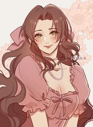  1girl aerith_gainsborough artist_name bow breasts brown_hair commentary dress english_commentary final_fantasy final_fantasy_vii final_fantasy_vii_remake flower green_eyes hair_bow highres hora_k jewelry long_hair medium_breasts necklace parted_bangs pearl_necklace pink_bow pink_dress puffy_short_sleeves puffy_sleeves short_sleeves simple_background smile upper_body very_long_hair white_background 