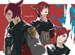  1boy animal_ears final_fantasy final_fantasy_xiv g'raha_tia green_scarf green_shirt hat male_focus multiple_views red_eyes red_hat scarf shirt signature solo yabuka_shiwa 